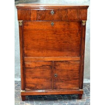 ANTICO SECRETAIRE NOCE PIUMA RADICA RIBALTA SCRITTOIO CASSETTIERA IMPERO COLONNA