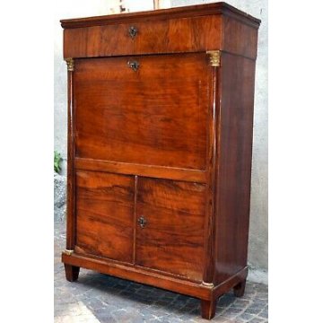 ANTICO SECRETAIRE NOCE PIUMA RADICA RIBALTA SCRITTOIO CASSETTIERA IMPERO COLONNA
