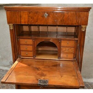 ANTICO SECRETAIRE NOCE PIUMA RADICA RIBALTA SCRITTOIO CASSETTIERA IMPERO COLONNA