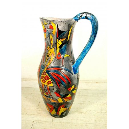 ENORME GRANDE VASO BROCCA TERRACOTTA SMALTO DECORO ASTRATTO VINTAGE ø40x97cm/h