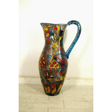 ENORME GRANDE VASO BROCCA TERRACOTTA SMALTO DECORO ASTRATTO VINTAGE ø40x97cm/h