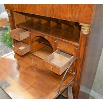 ANTICO SECRETAIRE NOCE PIUMA RADICA RIBALTA SCRITTOIO CASSETTIERA IMPERO COLONNA