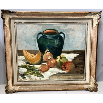 ANTICO QUADRO OLIO NATURA MORTA VASO BIANSATO FRUTTA  ZUCCA CIPOLLE PEPERONE 900