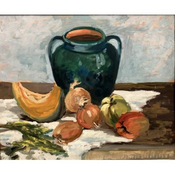 ANTICO QUADRO OLIO NATURA MORTA VASO BIANSATO FRUTTA  ZUCCA CIPOLLE PEPERONE 900