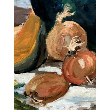 ANTICO QUADRO OLIO NATURA MORTA VASO BIANSATO FRUTTA  ZUCCA CIPOLLE PEPERONE 900