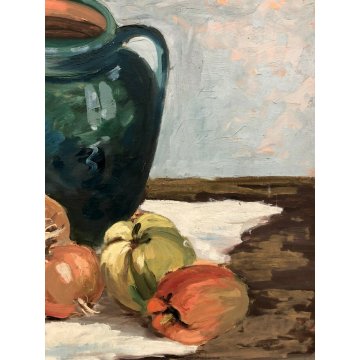 ANTICO QUADRO OLIO NATURA MORTA VASO BIANSATO FRUTTA  ZUCCA CIPOLLE PEPERONE 900