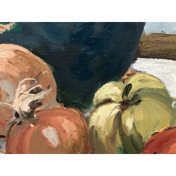 ANTICO QUADRO OLIO NATURA MORTA VASO BIANSATO FRUTTA  ZUCCA CIPOLLE PEPERONE 900