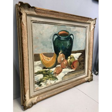 ANTICO QUADRO OLIO NATURA MORTA VASO BIANSATO FRUTTA  ZUCCA CIPOLLE PEPERONE 900