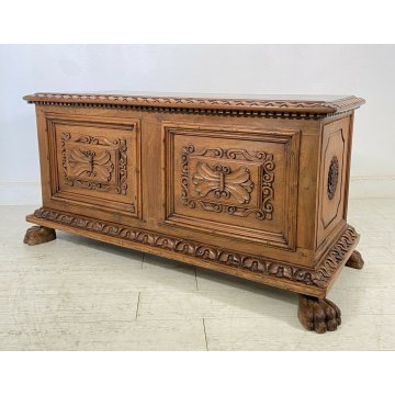 ANTICA PICCOLA CASSAPANCA LEGNO NOCE PANCA BAULE EPOCA 1700 OLD DECORATA 