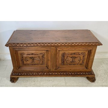 ANTICA PICCOLA CASSAPANCA LEGNO NOCE PANCA BAULE EPOCA 1700 OLD DECORATA 