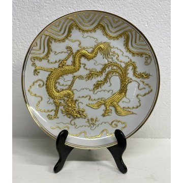 ANTICO PIATTO CERAMICA GIAPPONESE DRAGO FENICE PARETE PARATA DECORATIVO ANNI 70 