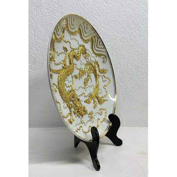 ANTICO PIATTO CERAMICA GIAPPONESE DRAGO FENICE PARETE PARATA DECORATIVO ANNI 70 