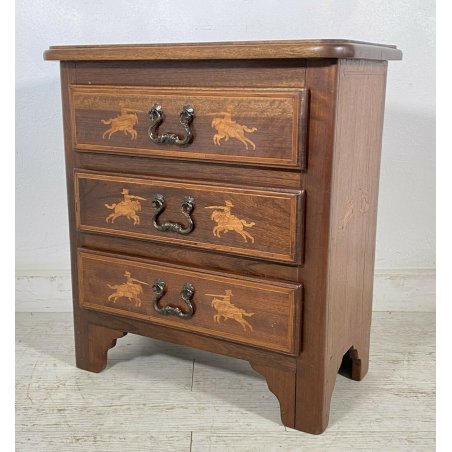 ANTICO COMODINO LEGNO NOCE INTARSIATO PRIMI 1900 3 CASSETTI CANTERANO CAVALLI 