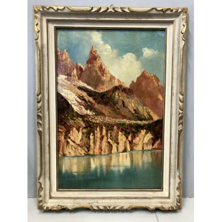 ANTICO QUADRO OLIO TELA PAESAGGIO LAGO MONTAGNA DOLOMITI FIRMATO