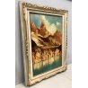 ANTICO QUADRO OLIO TELA PAESAGGIO LAGO MONTAGNA DOLOMITI FIRMATO