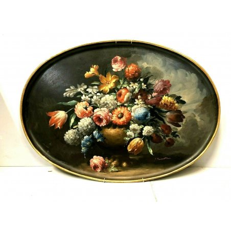 ANTICO VASSOIO OVALE DIPINTO OLIO G. Tempestini BOUQUET FIORI FIRENZE EPOCA '900