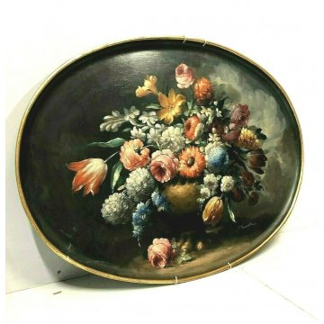 ANTICO VASSOIO OVALE DIPINTO OLIO G. Tempestini BOUQUET FIORI FIRENZE EPOCA '900