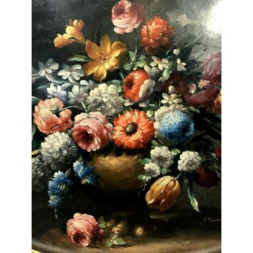 ANTICO VASSOIO OVALE DIPINTO OLIO G. Tempestini BOUQUET FIORI FIRENZE EPOCA '900