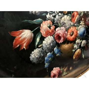 ANTICO VASSOIO OVALE DIPINTO OLIO G. Tempestini BOUQUET FIORI FIRENZE EPOCA '900