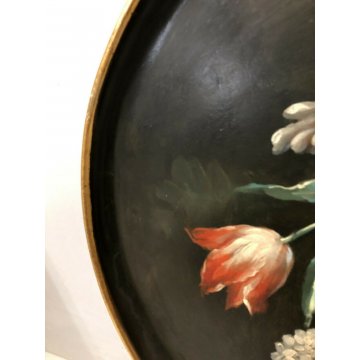 ANTICO VASSOIO OVALE DIPINTO OLIO G. Tempestini BOUQUET FIORI FIRENZE EPOCA '900
