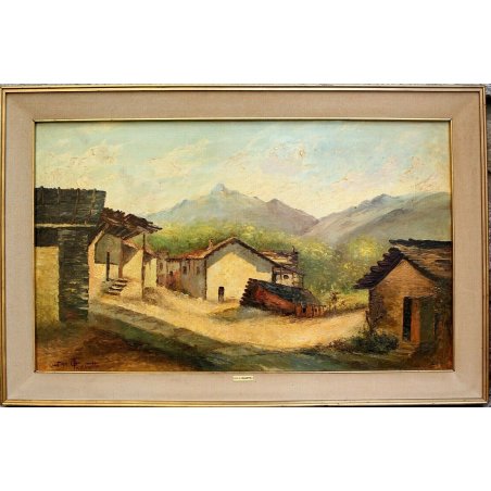 ANTICO GRANDE DIPINTO OLIO TELA VEDUTA Alpe Laiet Lanzo MONTAGNA ALPEGGIO '71