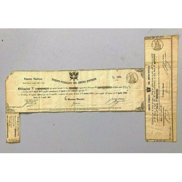 1867 - CARTELLA OBBLIGAZIONE LIRE 100 PRESTITO NAZIONALE DEL REGNO D'ITALIA 1870