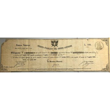 1867 - CARTELLA OBBLIGAZIONE LIRE 100 PRESTITO NAZIONALE DEL REGNO D'ITALIA 1870