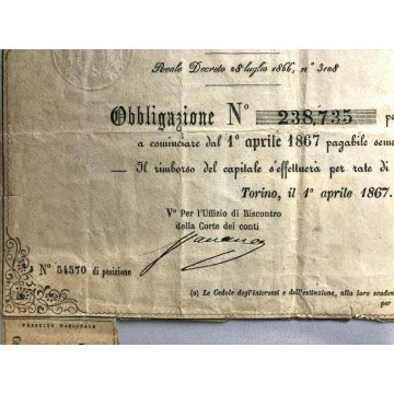 1867 - CARTELLA OBBLIGAZIONE LIRE 100 PRESTITO NAZIONALE DEL REGNO D'ITALIA 1870
