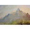 ANTICO GRANDE DIPINTO OLIO TELA VEDUTA Alpe Laiet Lanzo MONTAGNA ALPEGGIO '71