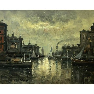 ANTICO QUADRO OLIO TAVOLA Cosac PAESAGGIO NOTTURNO VENEZIA LAGUNA  BARCHE '900