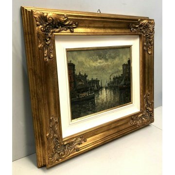 ANTICO QUADRO OLIO TAVOLA Cosac PAESAGGIO NOTTURNO VENEZIA LAGUNA  BARCHE '900