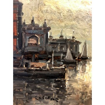 ANTICO QUADRO OLIO TAVOLA Cosac PAESAGGIO NOTTURNO VENEZIA LAGUNA  BARCHE '900