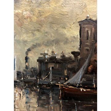 ANTICO QUADRO OLIO TAVOLA Cosac PAESAGGIO NOTTURNO VENEZIA LAGUNA  BARCHE '900