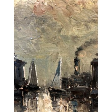 ANTICO QUADRO OLIO TAVOLA Cosac PAESAGGIO NOTTURNO VENEZIA LAGUNA  BARCHE '900