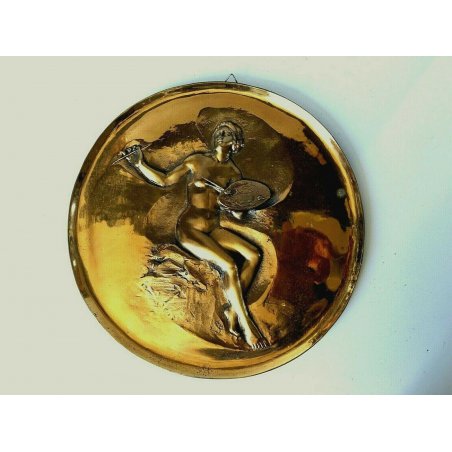 MEDAGLIONE VINTAGE BASSORILIEVO BRONZO WALL HANGING PLATE NUDO DONNA PITTRICE