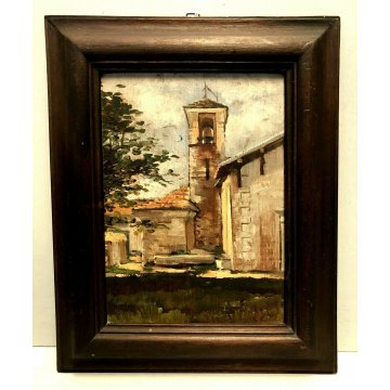 ANTICO DIPINTO OLIO TAVOLA CHIESA EREMO S. Salvatore sopra Massino '900 FIRMATO Omero Solaro