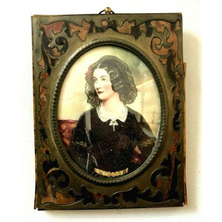 ANTICO DIPINTO MINIATURA OLIO RITRATTO Lola Montes CORNICE VITTORIANA INTARSIATA