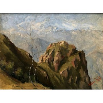 ANTICO QUADRO OLIO Vittorio Rosa VEDUTA MOTTARONE CUSIO LAGO MAGGIORE ORTA '54