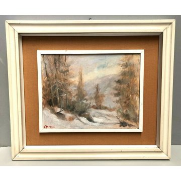 ANTICO QUADRO OLIO Vittorio Rosa VEDUTA INVERNALE MOTTARONE BOSCHI ABETI NEVE 54