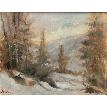 ANTICO QUADRO OLIO Vittorio Rosa VEDUTA INVERNALE MOTTARONE BOSCHI ABETI NEVE 54