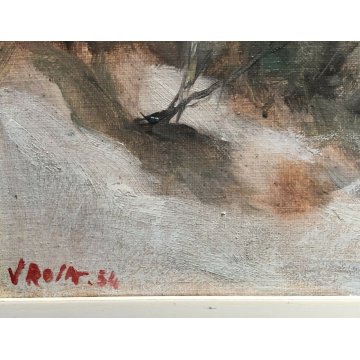 ANTICO QUADRO OLIO Vittorio Rosa VEDUTA INVERNALE MOTTARONE BOSCHI ABETI NEVE 54