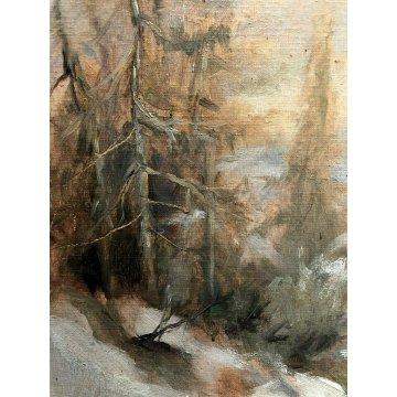 ANTICO QUADRO OLIO Vittorio Rosa VEDUTA INVERNALE MOTTARONE BOSCHI ABETI NEVE 54