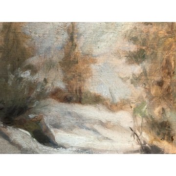 ANTICO QUADRO OLIO Vittorio Rosa VEDUTA INVERNALE MOTTARONE BOSCHI ABETI NEVE 54