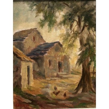 ANTICO QUADRO OLIO Vittorio Rosa VEDUTA SCORCIO BAITE MOTTARONE ALPEGGIO GALLINE