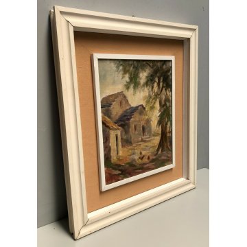 ANTICO QUADRO OLIO Vittorio Rosa VEDUTA SCORCIO BAITE MOTTARONE ALPEGGIO GALLINE