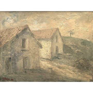 ANTICO QUADRO DIPINTO MATERICO Vittorio Rosa PAESAGGIO MOTTARONE SCORCIO BAITE  