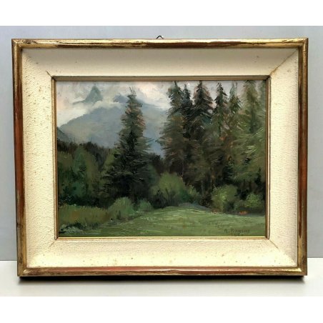 ANTICO QUADRO DIPINTO Arnaldo Ronchi PAESAGGIO MONTANO ALPI BOSCO ABETI 1954