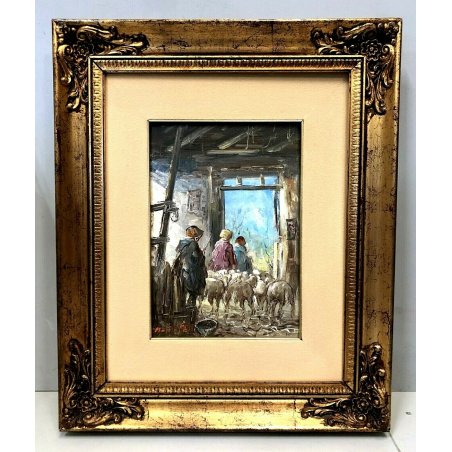 ANTICO QUADRO OLIO Mario Fattori VITA TOSCANA SCENA di GENERE OVILE PECORE '900