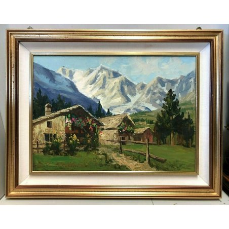 QUADRO DIPINTO OLIO Pino Pessina da Castanedo Macugnaga Monte Rosa PAESAGGIO 900