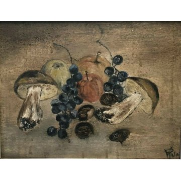 ANTICO QUADRO OLIO Vittorio Rosa NATURA MORTA FRUTTA FUNGHI CASTAGNE AUTUNNO 900